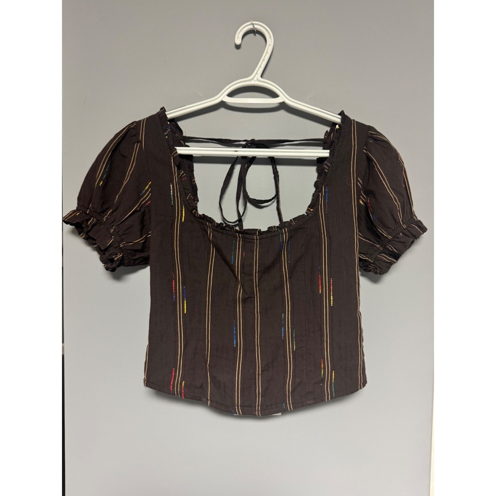 Free People Women's Seratonin XS Brown Striped Smocked Back Puff Sleeve Top NWT